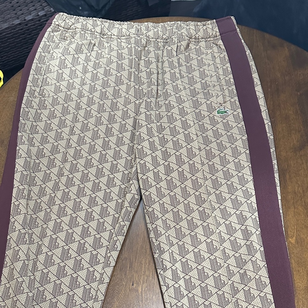 Lacoste Live Monogram Jacquard Tracksuit Pants Brown with Burgundy Accents